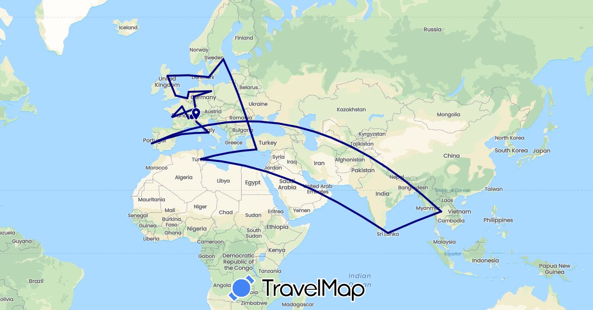 TravelMap itinerary: driving in Belgium, Switzerland, Germany, Denmark, Spain, France, United Kingdom, Italy, Sri Lanka, Netherlands, Portugal, Sweden, Thailand, Tunisia, Turkey (Africa, Asia, Europe)